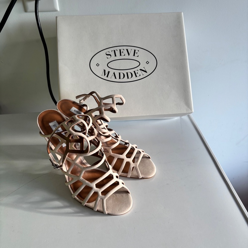 Steve Madden Slithur Blush Nubuck Leather Cage Gladiator Stiletto Heels 10M NEW